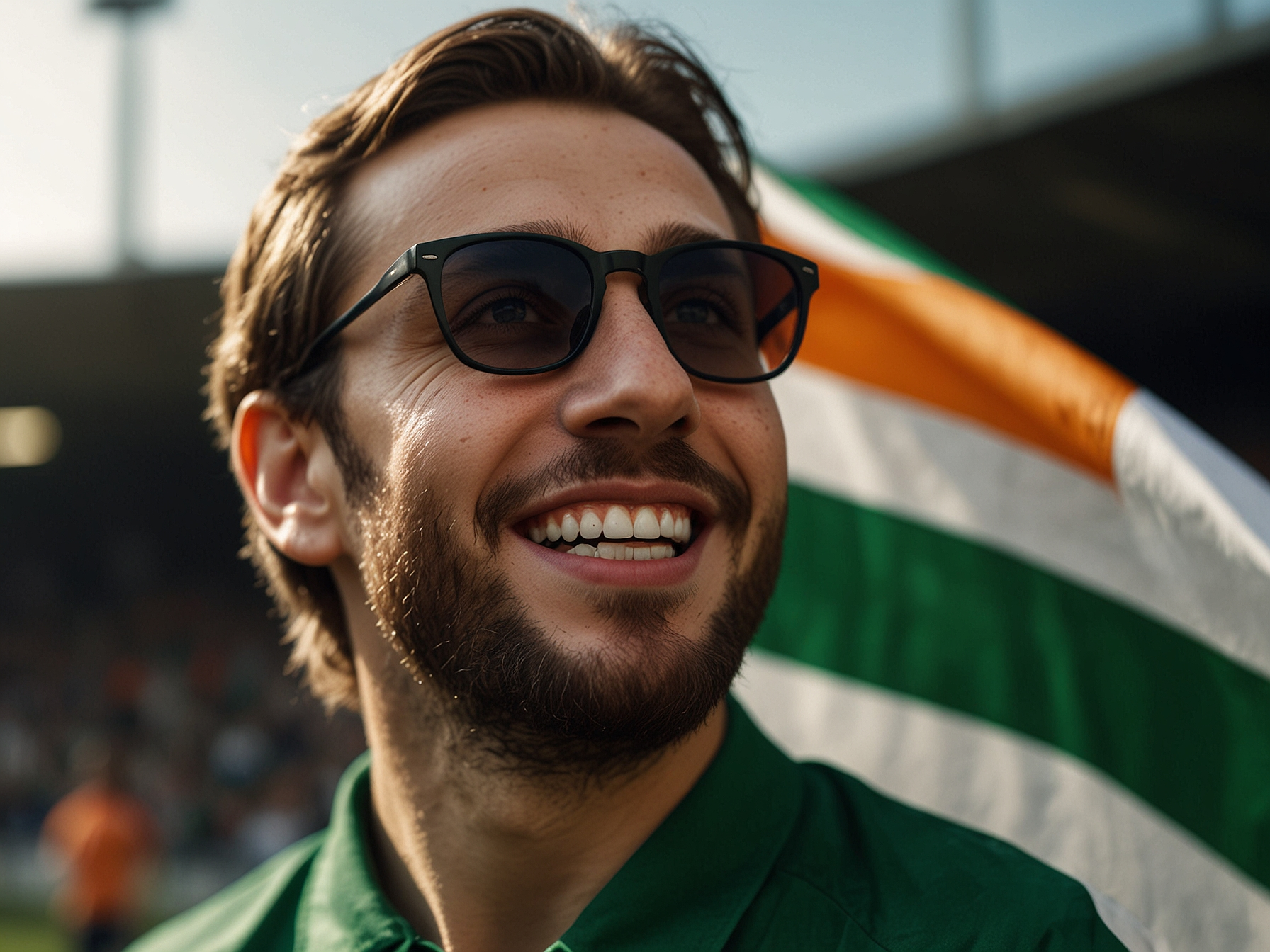 Cheering football fan with Irish flag